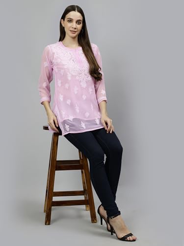 Seva Chikan Hand Embroidered Lucknowi Chikankari Pink Georgette Women's Short Top Tunic with Slip (Pink)