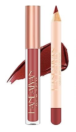 HANDAIYAN LIP LINER and LIQUID MATTE LIPSTICK SET - LIP KIT Crayon Matte Lip Pencil Matte Liquid Lipstick + Matching Lip Liner Nude Velvety Lipstick Makeup Kit Waterproof Lipgloss Lip Stain Kit with Lip Liner for Women Lipliner Lip Gloss (LIP KIT #12)