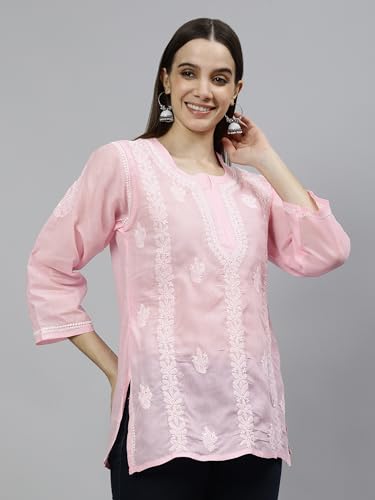 Seva Chikan Hand Embroidered Lucknowi Chikankari Pink Terivoil Cotton Women's Short Top Tunic (Pink)