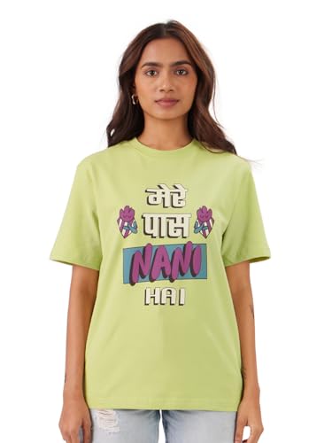 The Souled Store Mere Paas Nani Hai Women and Girls Short Sleeve Round Neck Green Graphic Printed Cotton Oversized Fit T-Shirts