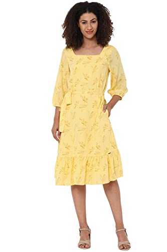 Allen Solly Printed Rayon Regular Neck Womens Dress (Yellow)