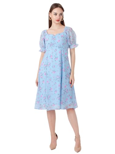 Zink London Women's Sky Blue Printed A-Line Midi Dress