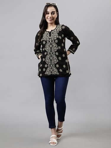 Seva Chikan Hand Embroidered Lucknowi Chikankari Black Georgette Women's Short Top Tunic with Slip (Black)