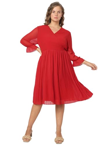 Vero Moda Curve Women's Polyester A-Line Knee-Length Dress (Red Dahlia)