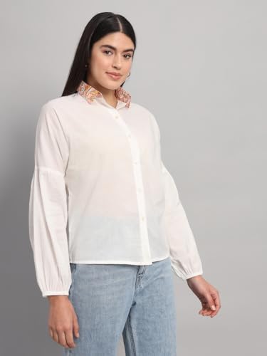 Ravaiyaa - Attitude is everything Women's Solid Full Sleeves 100% Cotton White Plain Shirt with Printed Spread Collar Neck Shirt for Womens/Girls (White Pink)