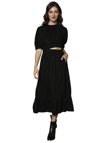 VERO MODA Women's Viscose Fit and Flare Midi Dress (Jet Black)