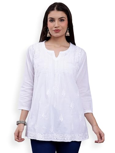 Seva Chikan Hand Embroidered White Cotton Lucknowi Chikankari Top (White)