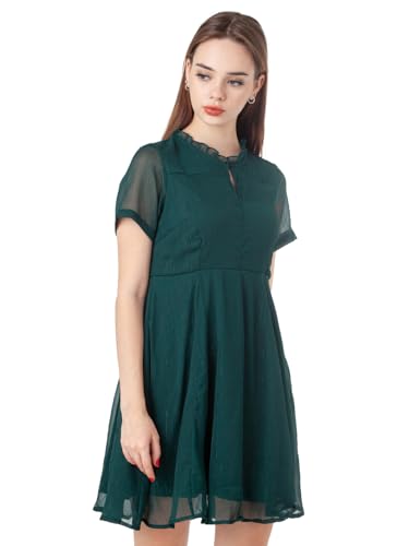 Zink London Women's Green Self Design Flared Short Dress