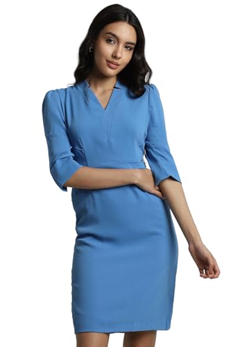 Allen Solly Women's Polyester Shift Mid-Thigh Length Dress (Blue)