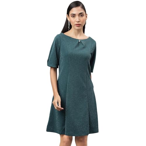 Latin Quarters Women Green Half Sleeve Round Neck Women A-Line Dress