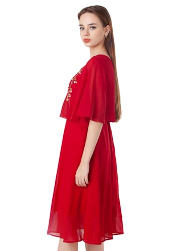 Zink London Women's Red Embroidered Flared Midi Dress