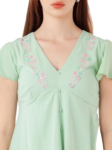 Zink London Women's Green Embroidered Flared Short Dress