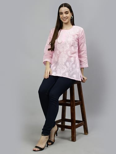 Seva Chikan Hand Embroidered Lucknowi Chikankari Pink Terivoil Cotton Women's Short Top Tunic (Pink)