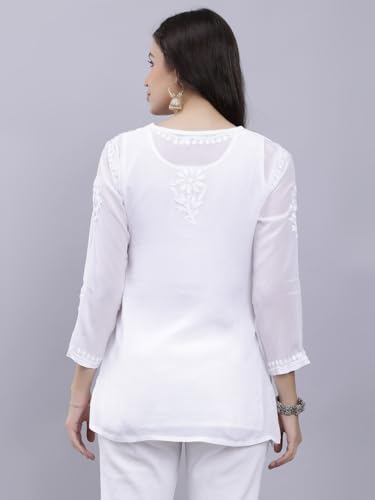 Seva Chikan Hand Embroidered White Crepe Lucknowi Chikankari Top with Inner (White)