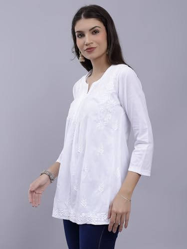 Seva Chikan Hand Embroidered White Cotton Lucknowi Chikankari Top (White)