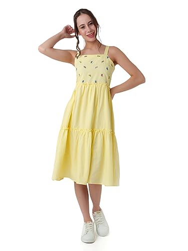 Zink London Women's Yellow Embroidered A-Line Midi Dress