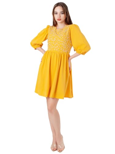 Zink London Women's Yellow Embroidered Flared Short Dress