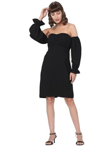 VERO MODA Women's Polyester Shift Knee-Length Dress (Jet Black)