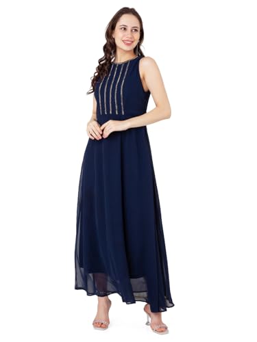 Zink London Women's Blue Embroidered Flared Maxi Dress