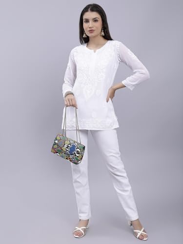 Seva Chikan Hand Embroidered White Crepe Lucknowi Chikankari Top with Inner (White)