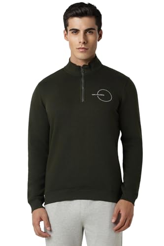 Van Heusen Men Green Solid Stylized Neck Sweatshirt