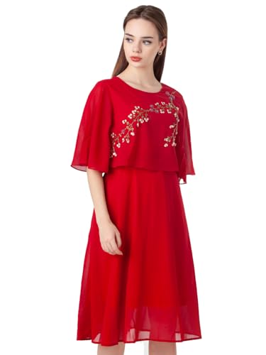 Zink London Women's Red Embroidered Flared Midi Dress