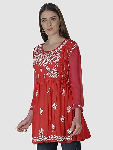 Seva Chikan Hand Embroidered Lucknowi Chikankari Red Georgette Women Short Top & Tunic with Inner Slip (Red)