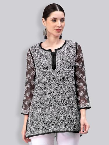 Seva Chikan Hand Embroidered Lucknowi Chikankari Black Georgette Short Top for Women with Cotton Slip (Black)