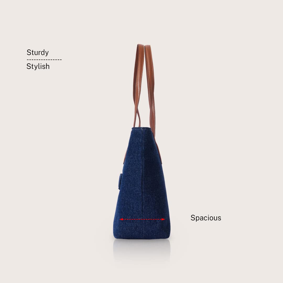 eské Aliz Canvas Vegan Leather Tote Handbag For Women | Shoulder Bag For Daily Use (Navy Blue Cognac)