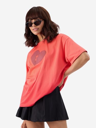 The Souled Store Official Alice in Wonderland: Cheshire Women and Girls Short Sleeve Round Neck Orange Graphic Printed Cotton Oversized T-Shirts
