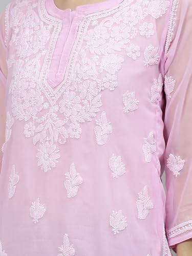 Seva Chikan Hand Embroidered Lucknowi Chikankari Pink Georgette Women's Short Top Tunic with Slip (Pink)