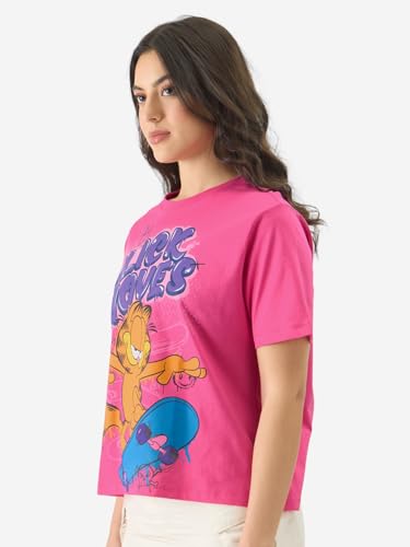 The Souled Store Official Garfield: Slick Moves Women and Girls Round Neck Short Sleeve Pink Graphic Printed Cotton Relaxed Fit T-Shirts Old Retro Cartoon 90s Animated Character Themed