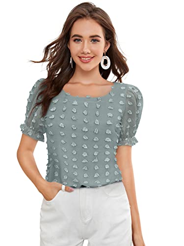 KERI PERRY Women's Dobby Pattern Western Georgette Top (Sea Green) Tops for Women, Puff Sleeve Tops