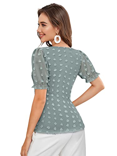 KERI PERRY Women's Dobby Pattern Western Georgette Top (Sea Green) Tops for Women, Puff Sleeve Tops