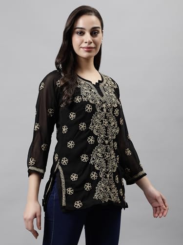 Seva Chikan Hand Embroidered Lucknowi Chikankari Black Georgette Women's Short Top Tunic with Slip (Black)