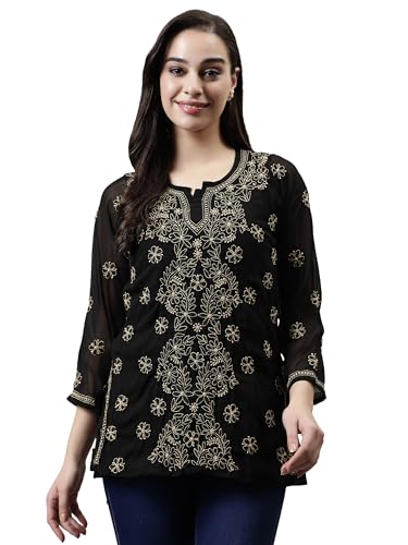 Seva Chikan Hand Embroidered Lucknowi Chikankari Black Georgette Women's Short Top Tunic with Slip (Black)