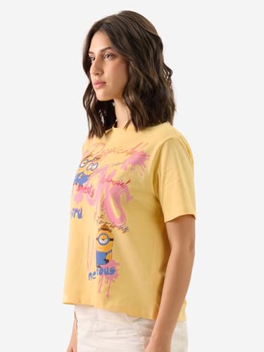 The Souled Store Official Minions: Notorious Women and Girls Short Sleeve Round Neck Yellow Graphic Printed Cotton Regular Fit T-Shirts Men's T-Shirts Graphic Tees Casual Fashion Regular Fit Sleeves