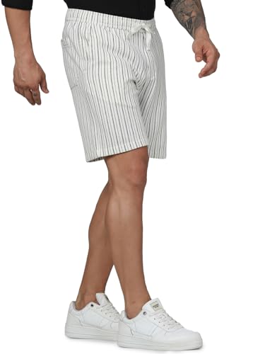 Celio Men Beige Striped Regular Fit Polyester Fashion Casual Shorts (Beige)