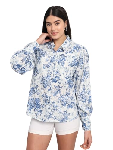 Ravaiyaa - Attitude is everything Shirt for Women, Printed Shirt, Relaxed Fit, Full Puff Sleeves 100% Cotton Spread Collar Neck Printed Shirt for Womens/Girls (White Blue Floral)