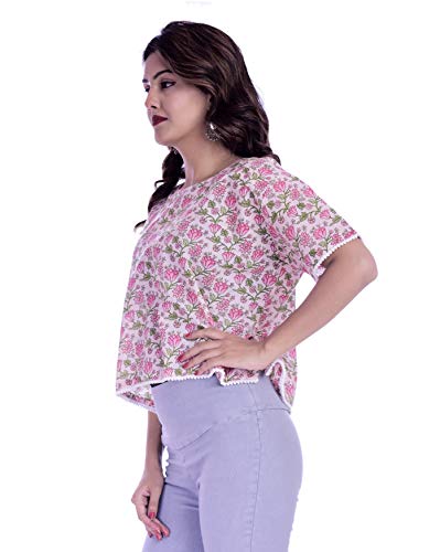 Ravaiyaa - Attitude is everything Cotton Floral Printed Short Shirt Top Women's Loose Crop Top Blouse (Pink)