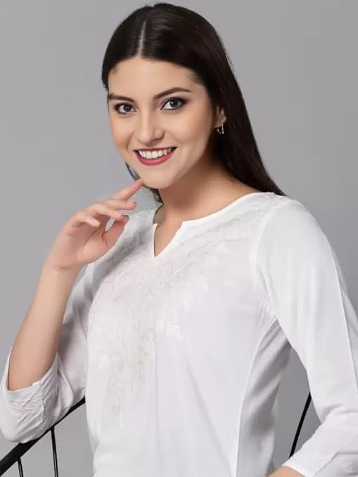 Cigain Hand Embroidered Summer Fashion Chikankari White Cotton Short Top Tunic Kurti for Women & Girl's