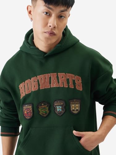 The Souled Store Harry Potter: The Houses Men Oversized Hoodies Dark Green Hoodies Sweatshirts Pullovers Fleece Zip-up Graphic Printed Solid Color Block Hooded Warm Cozy Casual Sportswear
