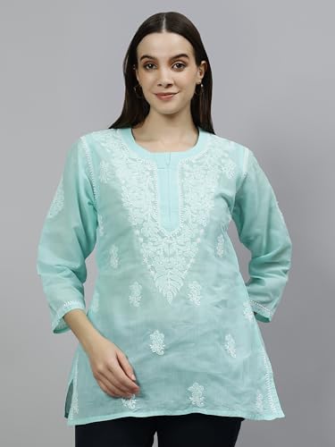 Seva Chikan Hand Embroidered Lucknowi Chikankari Sea Green Terivoil Cotton Women's Short Top Tunic (Sea Green)