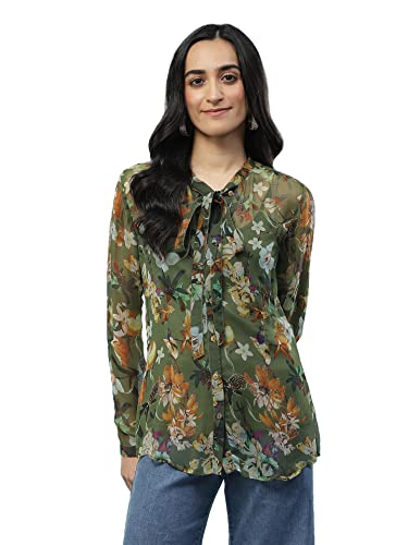 Aarke Ritu Kumar Green Floral Print Tie-Up Shirt with Camisole