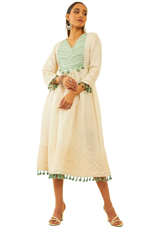 Soch Womens Off White Cotton Embroidered Dress with Faux Mirror