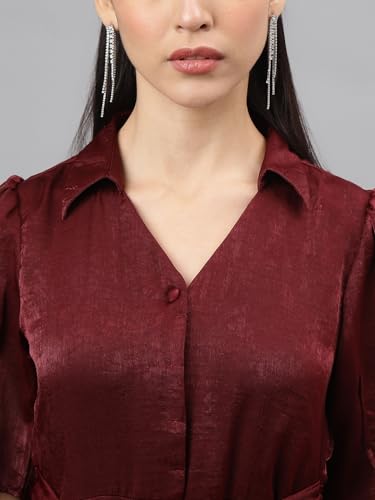 Latin Quarters Women Maroon Half Sleeve Collar Neck Women Shirt Dress