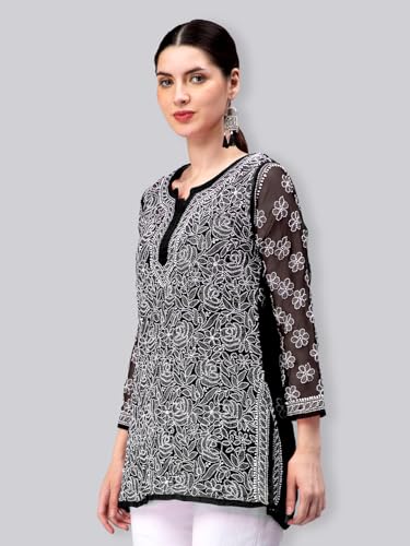 Seva Chikan Hand Embroidered Lucknowi Chikankari Black Georgette Short Top for Women with Cotton Slip (Black)