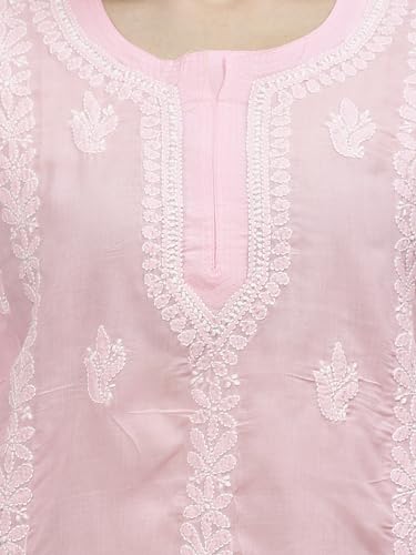 Seva Chikan Hand Embroidered Lucknowi Chikankari Pink Terivoil Cotton Women's Short Top Tunic (Pink)