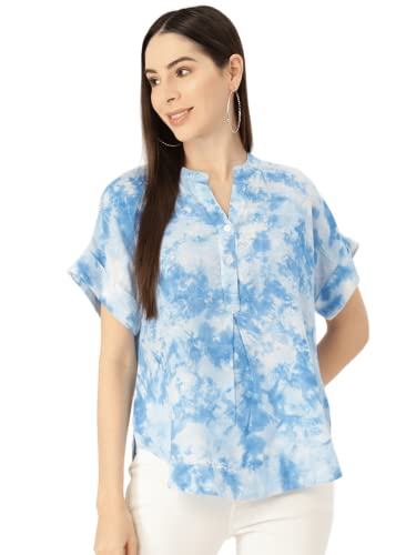 Maaesa Hand Done Multicolor Tie Dyed Rayon Slub Top (Light Blue)