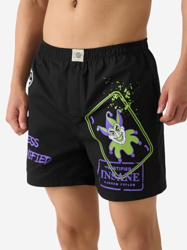 The Souled Store Official Joker: Cunning Chaos Men and Boys Pull On Cotton Boxer Shorts Black Boxer Shorts Men's Boxers Cotton Breathable Comfortable Elastic Waistband Graphic Printed Loose-Fit